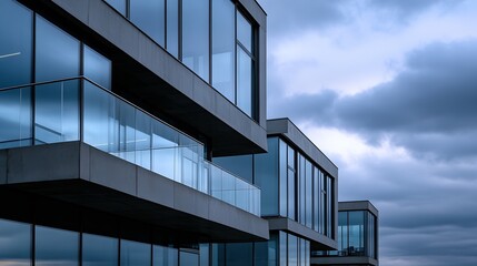 Fototapeta premium Modern architectural design of a sleek glass building reflecting the cloudy sky at dusk : Generative AI