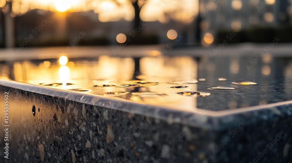 Poster stunning sunset reflection on serene wet granite surface captured in urban setting : generative ai