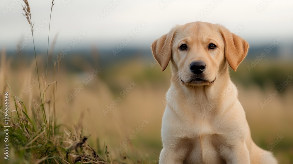 Poster Adorable Labrador Puppy Sitting Silently in a Field with Soft Green Grass : Generative AI