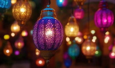 Fototapeta premium Colorful Moroccan lanterns glowing at night market, festive atmosphere