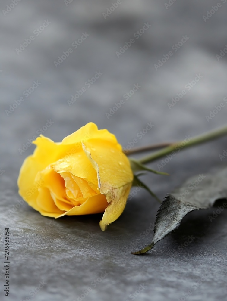 Poster Beautiful wilted yellow rose on a smooth surface illuminated softly from the side : Generative AI