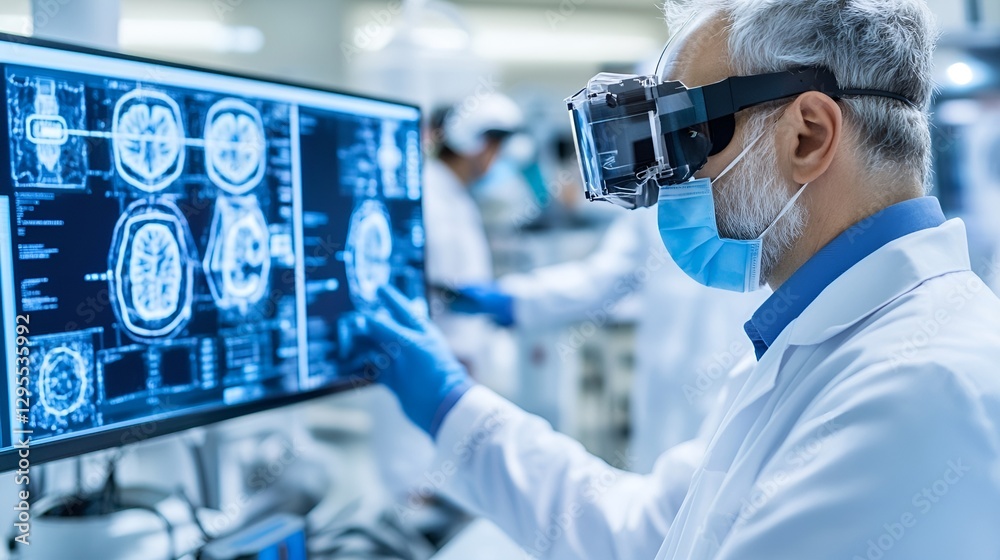 Aufkleber medical researcher using virtual reality technology for brain scans in modern laboratory : generativ