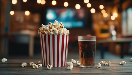 Popcorn and Soda on Wooden Table in Movie Night Setting