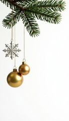 Snowflake and gold ornaments hanging from a branch isolated on white background , ornaments, isolated, decoration
