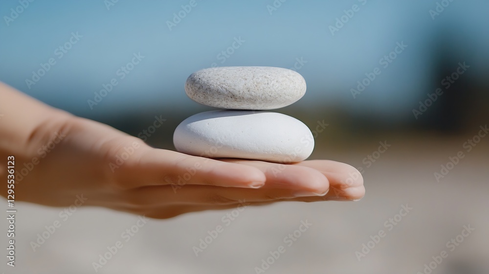 Poster three smooth stones balanced gracefully on a hand against a soft blue background : generative ai