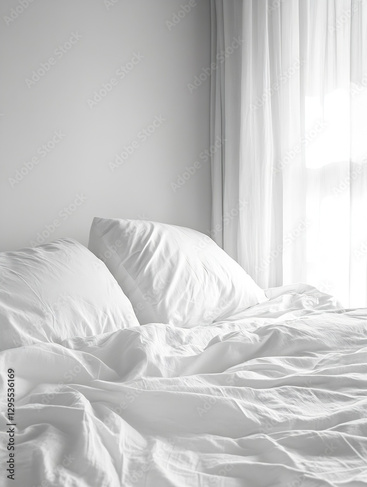 Poster serene bedroom featuring soft white linens with natural light streaming through sheer curtains : gen