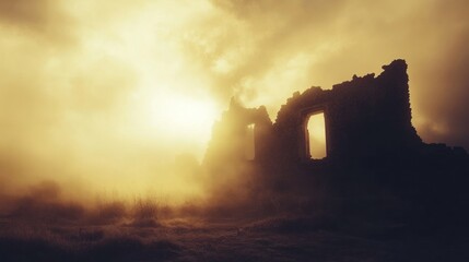 Fototapeta premium Ruins stand shrouded in mist with sunlight peeking through