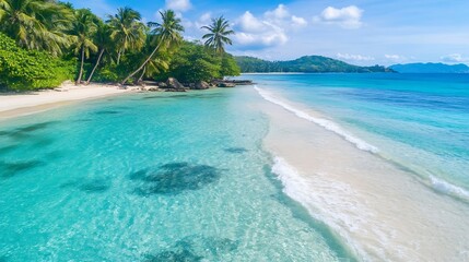 Naklejka premium Breathtaking aerial view of serene tropical beach surrounded by lush palm trees and crystal clear turquoise water : Generative AI
