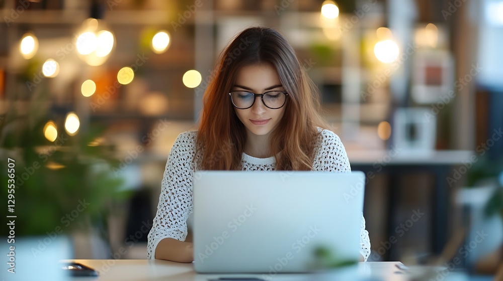 Aufkleber focused woman working on laptop at bright workspace with plants and lights creating creative atmosph