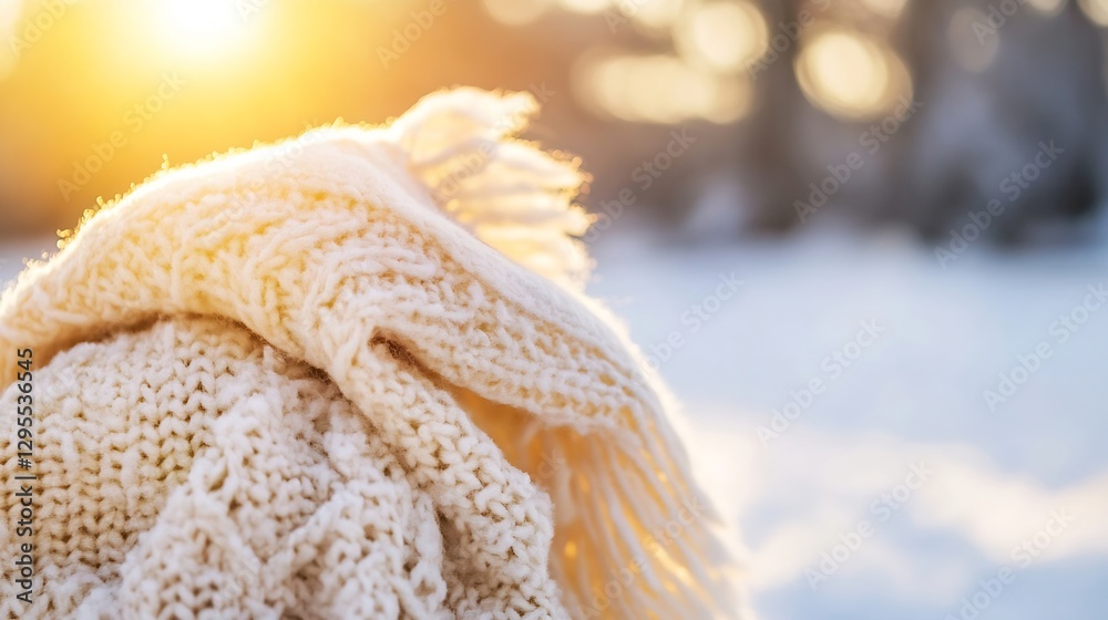 Poster subtle texture of soft cream knitted scarf in gentle light : generative ai