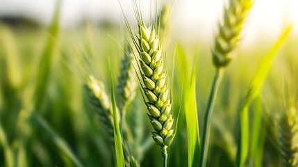 Close Up of Wheat Ears in a Lush Green Field Under Golden Sunlight : Generative AI