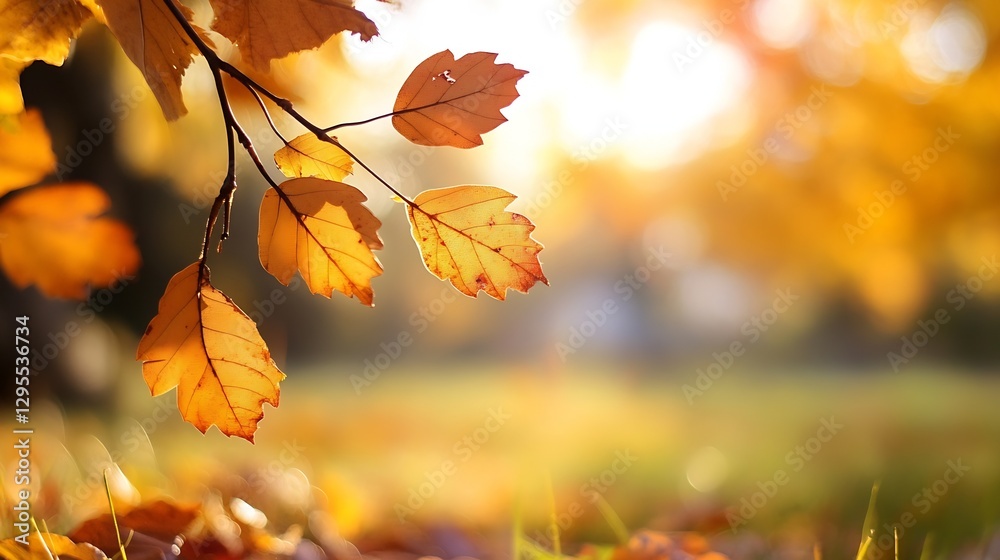 Poster golden autumn leaves shining in natural light with soft background : generative ai