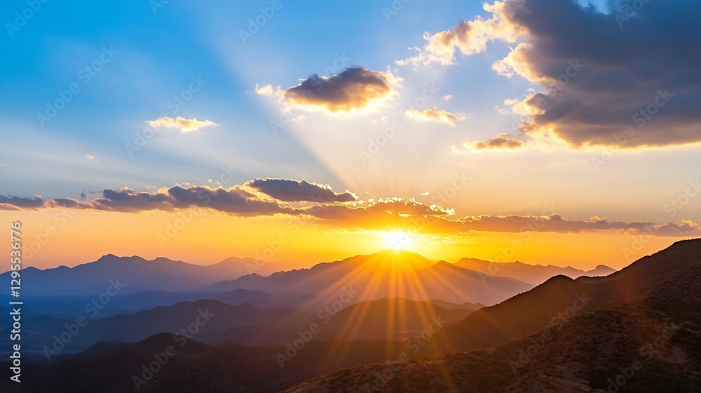 Aufkleber breathtaking sunrise over mountain range with beautiful rays of light breaking through clouds : gene