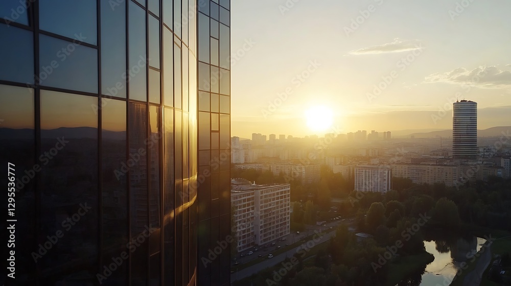 Poster stunning sunset view from a modern building with reflective facade overlooking urban skyline : gener