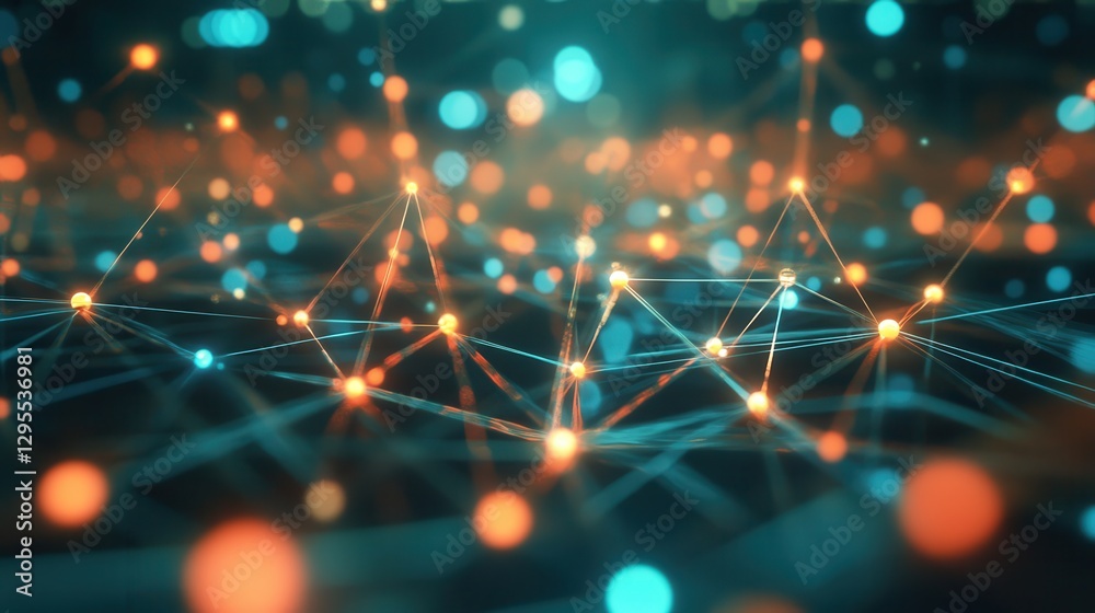 Poster abstract representation of network connections with glowing nodes, blurred background emphasizing de