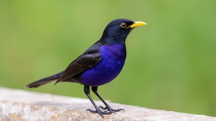 Obraz premium A violet backed starling with vibrant purple and black plumage and a yellow beak perched on a ledge.