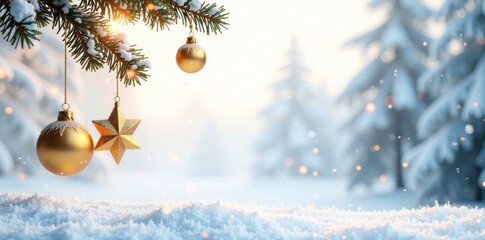 Snowflakes gently fall on a winter scene with Christmas elements hanging from gold isolated on a white background, snowflake, festive atmosphere, holiday