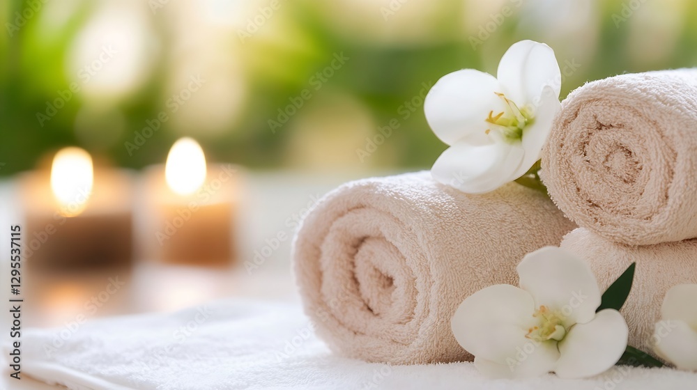 Poster soft towels with flowers and candles creating a cozy spa atmosphere for self care : generative ai