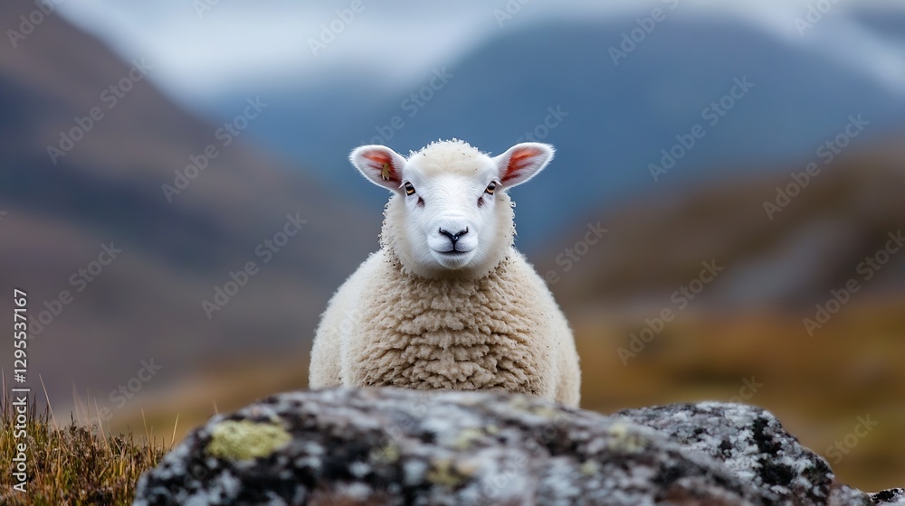 Poster close-up of a cute sheep with fluffy wool against a scenic background : generative ai