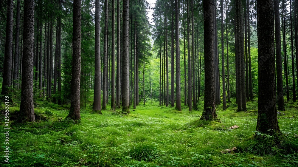 Poster serene forest landscape with tall trees and lush green vegetation in tranquil nature setting : gener