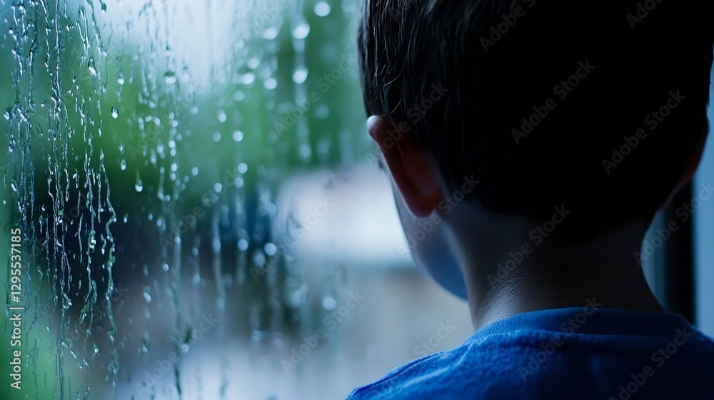 Poster Child observing rain through a wet window creating a sad reflective mood : Generative AI