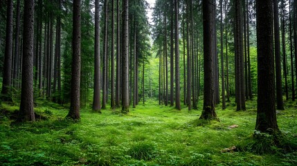 Obraz premium Serene forest landscape with tall trees and lush green vegetation in tranquil nature setting : Generative AI