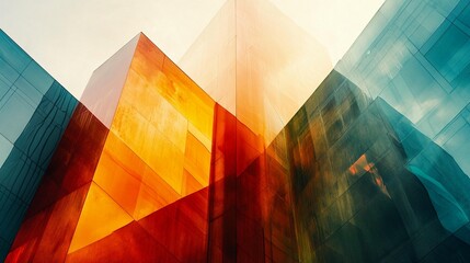 Abstract image of modern glass buildings with warm and cool tones, showcasing architectural design and urban development.