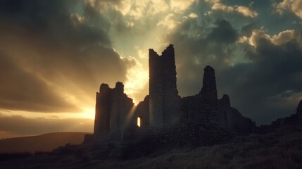 Fototapeta premium Ancient castle ruins stand silhouetted against a dramatic sunset