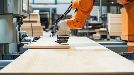 Orange robotic arm cutting wood in a modern factory