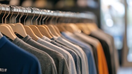 Fototapeta premium Trendy Assortment of T-Shirts Hanging on Racks in a Stylish Clothing Store : Generative AI