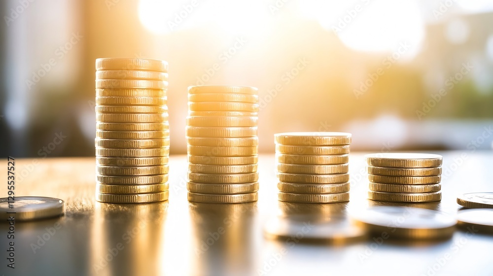 Aufkleber Stacks of Coins with Bright Sunlight Symbolizing Wealth and Prosperity : Generative AI