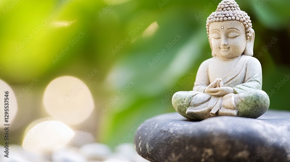 Aufkleber serene buddha statue resting on a rock surrounded by lush greenery and soft bokeh lights : generativ