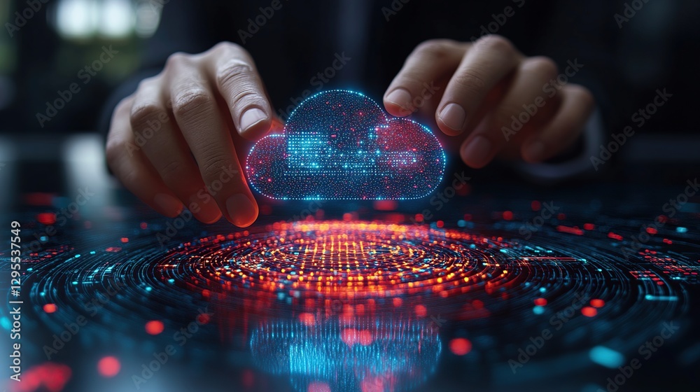 Poster businessperson manipulating digital cloud over interactive surface with data stream background. use 