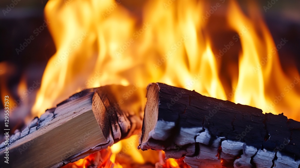 Poster close up of flaming logs in engaging campfire scene with glowing embers : generative ai