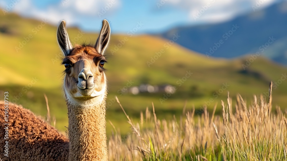 Poster Friendly llama standing in a sunny green field with blurred mountains in the background : Generative AI