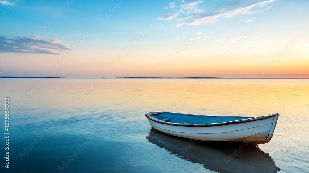 Poster isolated wooden boat floating on still water during sunset creating a peaceful atmosphere : generati