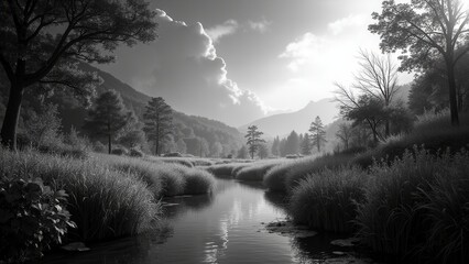 Obraz premium Wallpaper black and white of a serene river flowing through a lush valley with trees and mountains in the background.