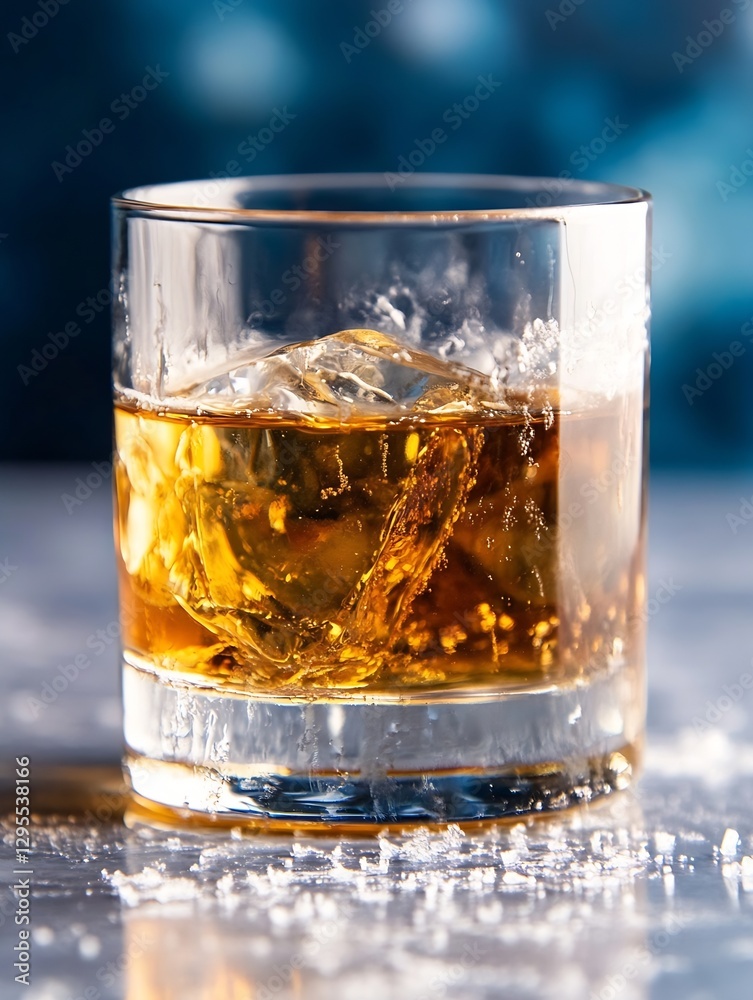 Aufkleber A glass of whiskey on ice with splashes and blurred background creating an inviting atmosphere : Generative AI