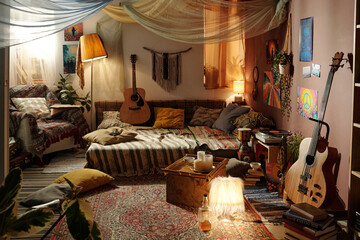 Inviting bohemian bedroom featuring vibrant tapestries, musical instruments, cozy seating, and eclectic decor creating an artistic and warm atmosphere