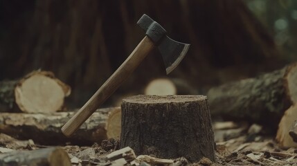 Axe embedded in a tree stump in a forest