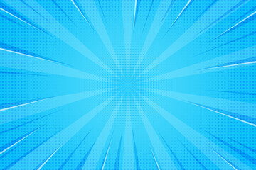 Comic book abstract blue background with starburst pattern. Pop art radial rays of explosion with halftone effect. Manga action lines and flash concentric beams. Vector retro bright bg.