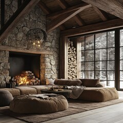 Rustic cabin living room with fireplace and snowy view
