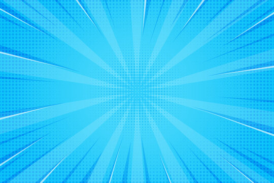 Comic book abstract blue background with starburst pattern. Pop art radial rays of explosion with halftone effect. Manga action lines and flash concentric beams. Vector retro bright bg.