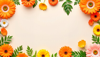 Obraz premium Bright orange floral frame with vibrant flowers and leaves on a soft background, celebrating warmth and elegance for March 8