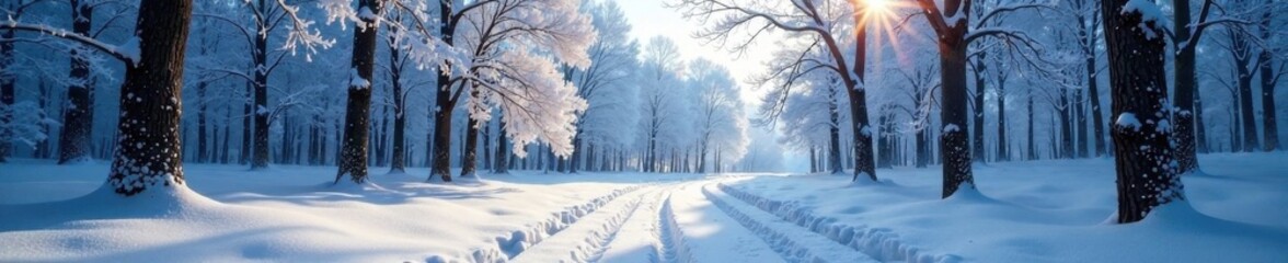 Fototapeta premium Snowy forest with frosty trees and snowflakes gently falling on the ground, frozen, evergreen, trees