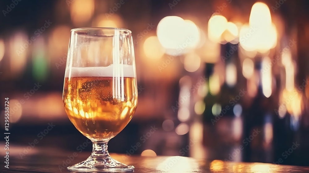 Poster refreshing golden beer in a glass on a wooden bar with a blurred background : generative ai