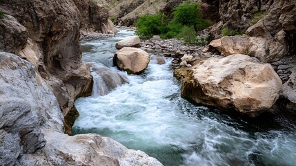 Rushing River Flowing Through Rocky Terrain Surrounded by Lush Greenery : Generative AI