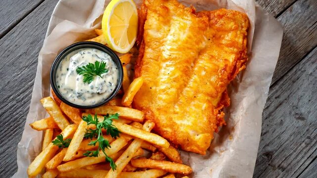 A traditional English fish and chips with golden fried fish, crispy fries, and a side of tartar sauce	
