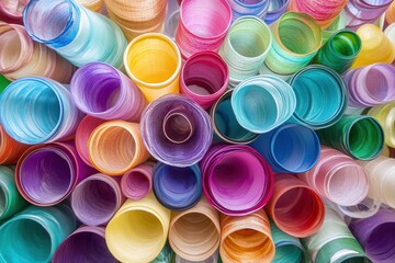 Colorful plastic tubes stacked, market stall, vibrant background, craft material