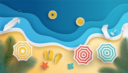 Naklejka premium Summer beach paper art style background vector illustration. top view beach template. Generated image